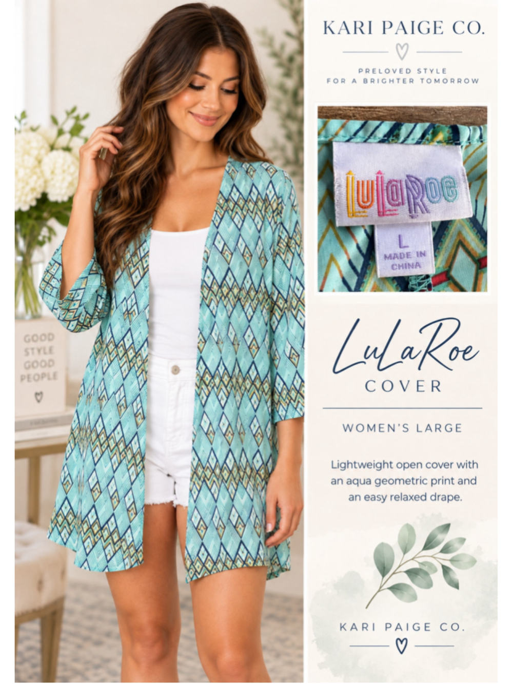 Women's LuLaRoe Kimono Cardigan Green/Blue Geometric Print Size L F26